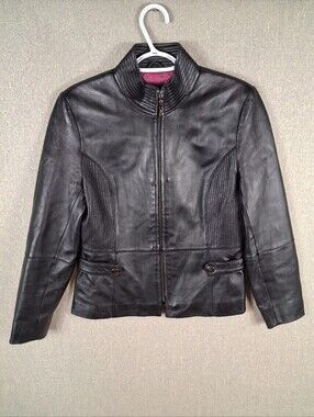 Atelier by B. Thomas Vintage Leather Jacket Zipper Front Magenta Lining Black M